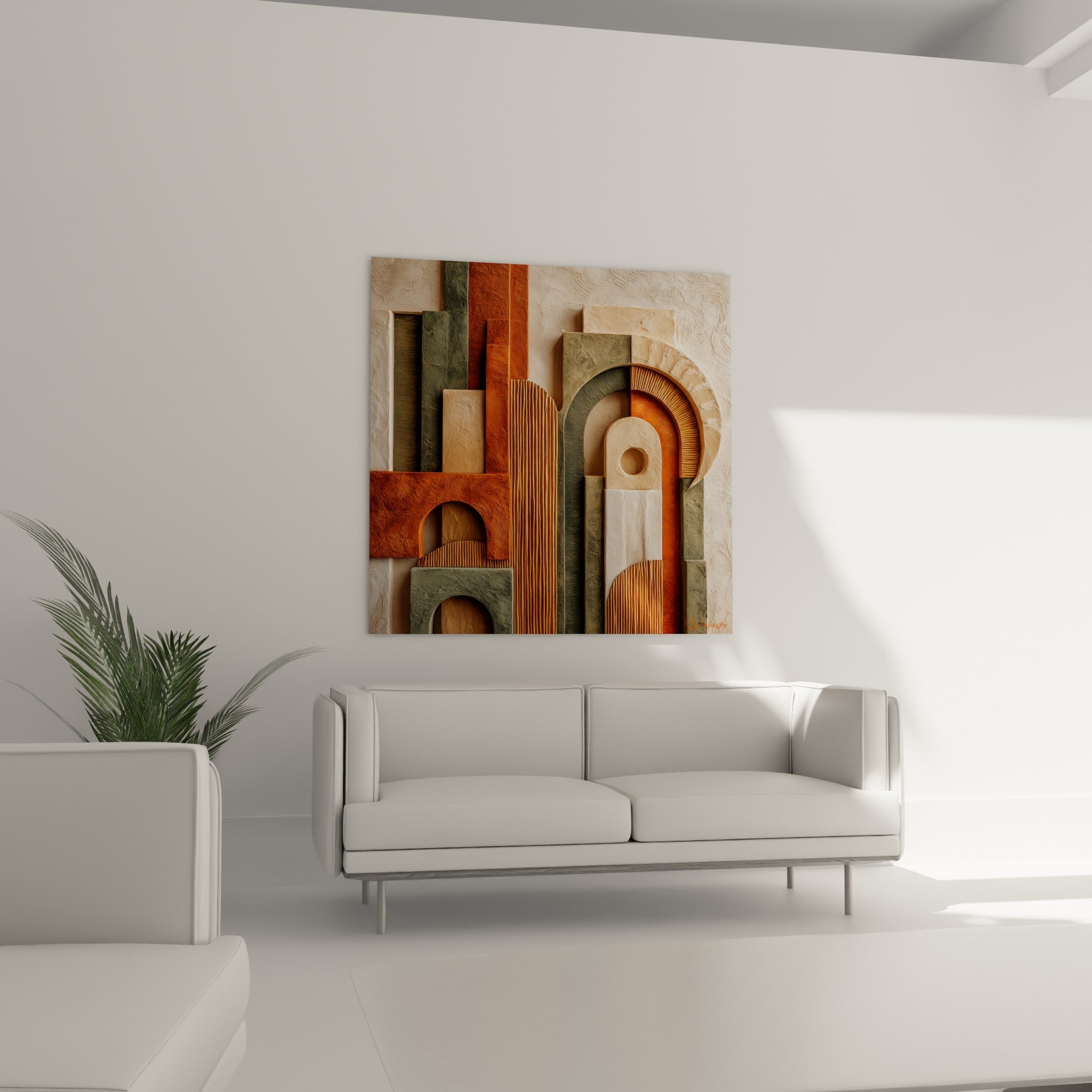 Composition d'arches terracotta et sable placée au-dessus d'un canapé dans un salon lumineux