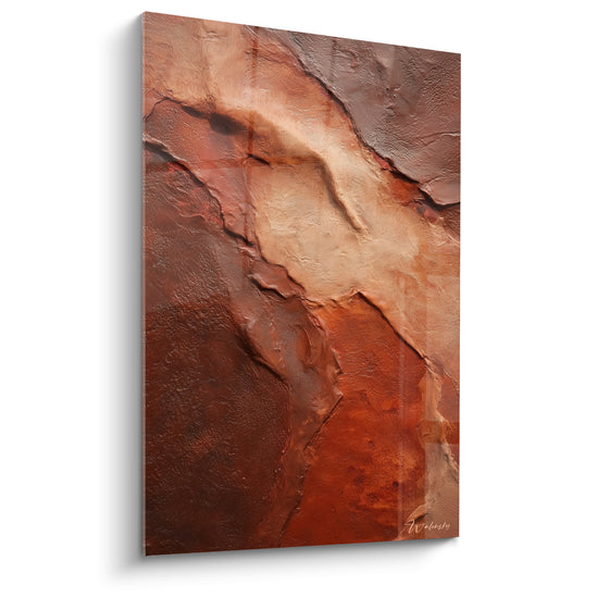 Paroi rocheuse fissurée aux teintes terracotta, brun profond et beige clair, texture minérale sculptée
