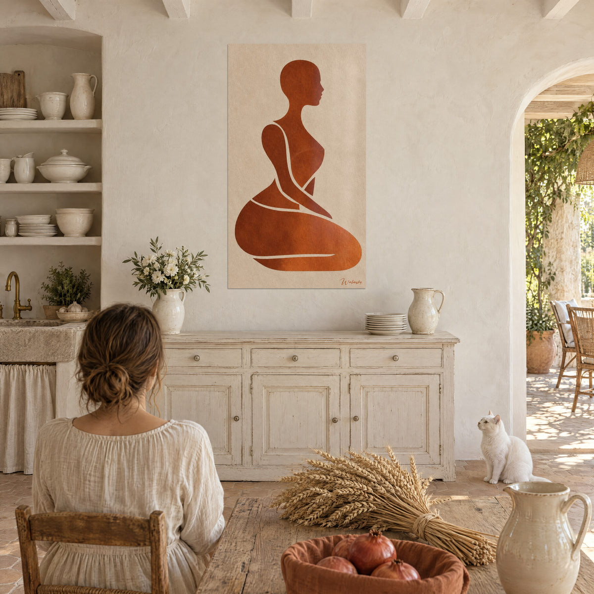 Tableau nu minimaliste en aplat rouille sur fond sable, trait de lumière blanc, buffet crème, chat blanc et blé séché