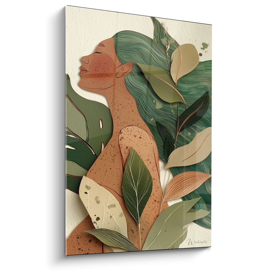 Tableau Silhouette féminine terracotta et vert enlacée de feuillages - Chevelure végétale profil levé - Edition Terracotta