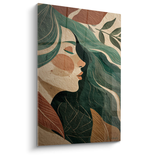 Profil féminin aux cheveux vert émeraude mêlés de feuilles terracotta, style graphique épuré