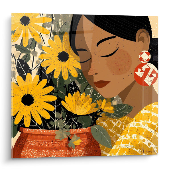 Tableau Femme au visage doré et fleurs jaunes - Instant de respiration - Edition Terracotta