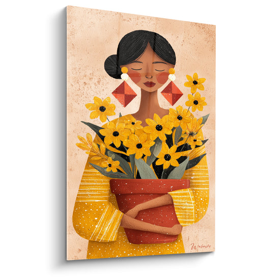 Tableau Femme au pot de fleurs jaunes - Étreinte florale - Edition Terracotta