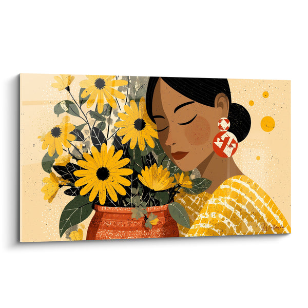 Tableau Femme jaune et terracotta aux tournesols - Douceur florale - Edition Terracotta