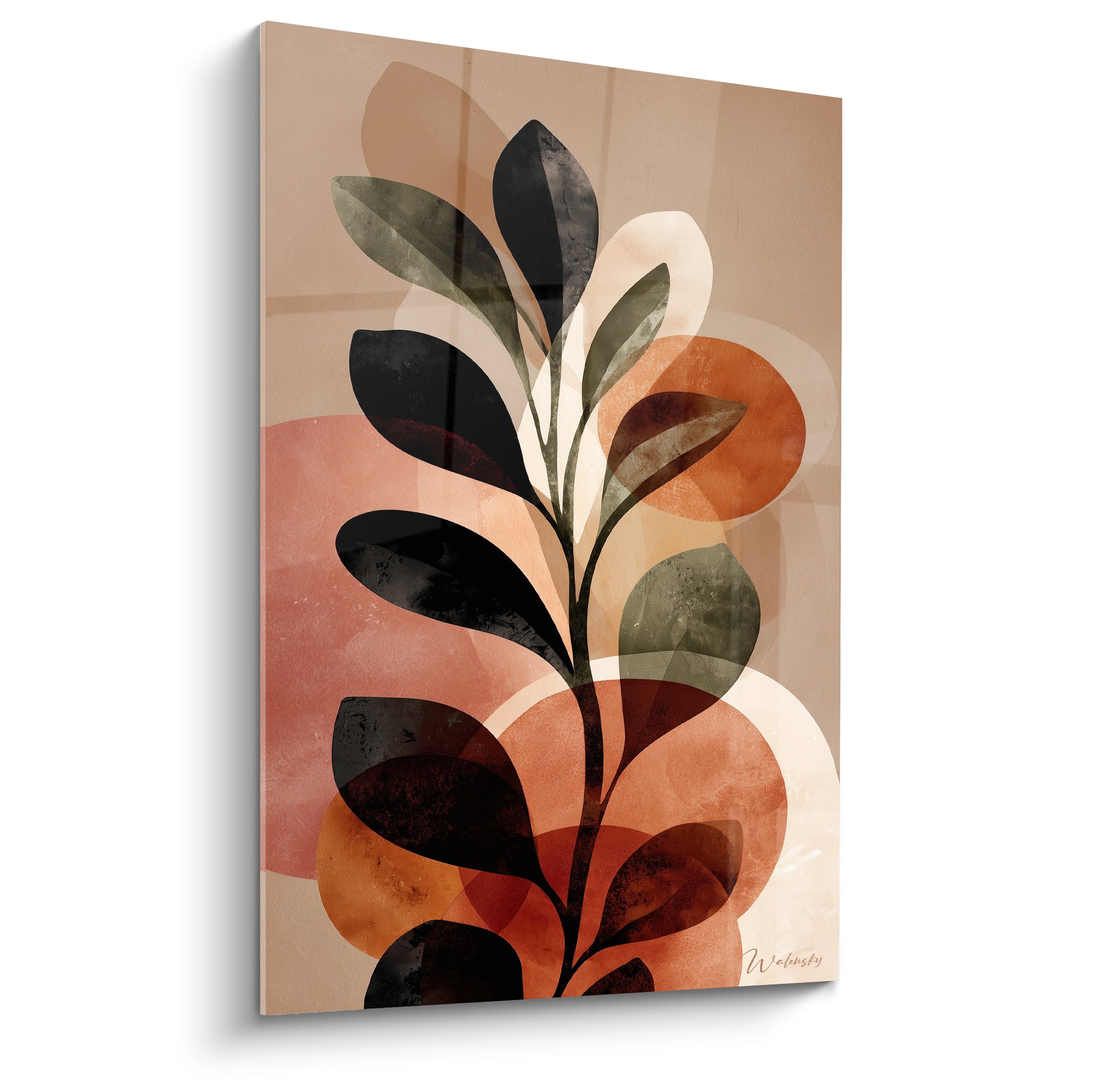 Feuillage terracotta et anthracite se déployant sur des cercles ocre et beige superposés