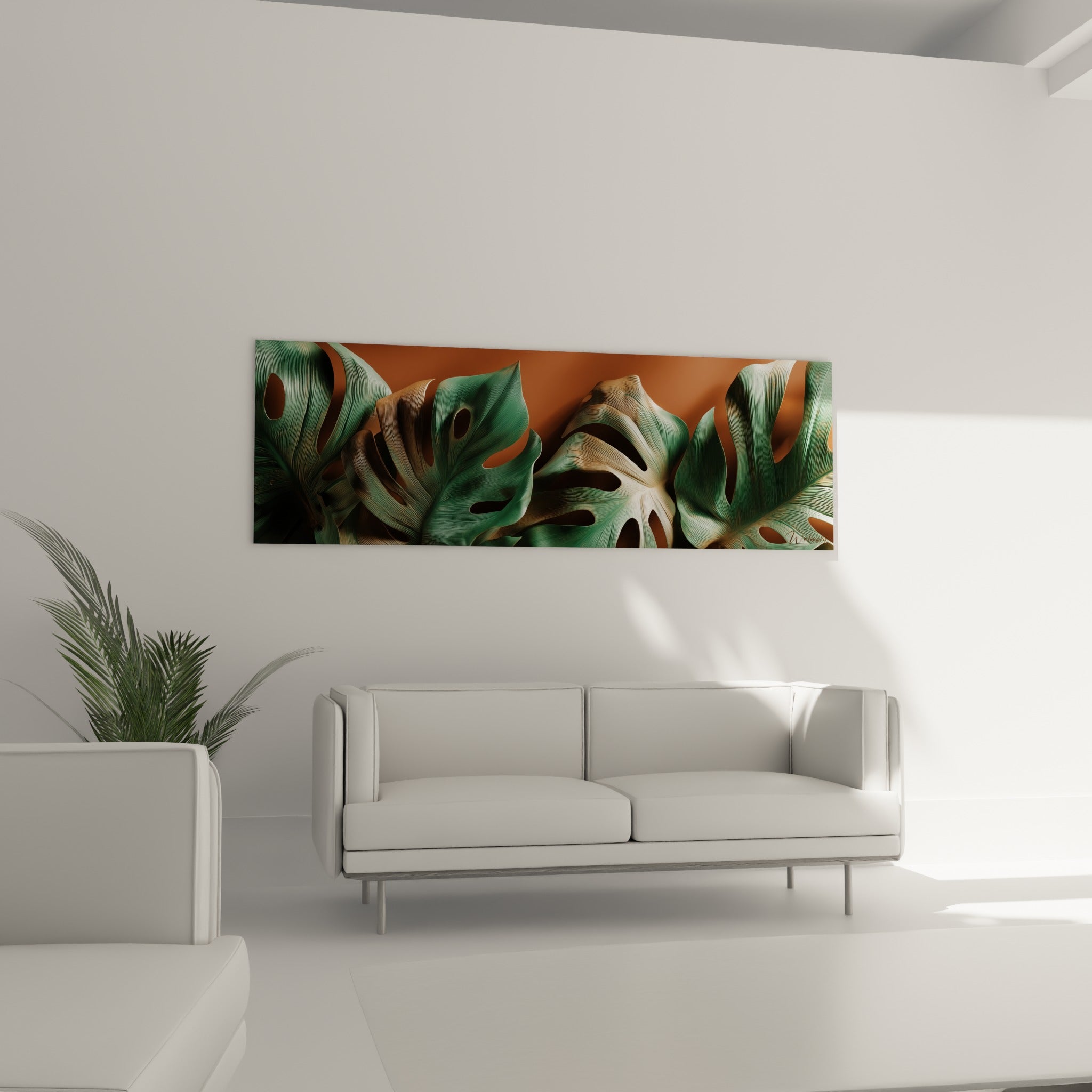 Feuillage vert émeraude et fond terracotta chaud, disposé au-dessus d'un canapé dans un salon lumineux