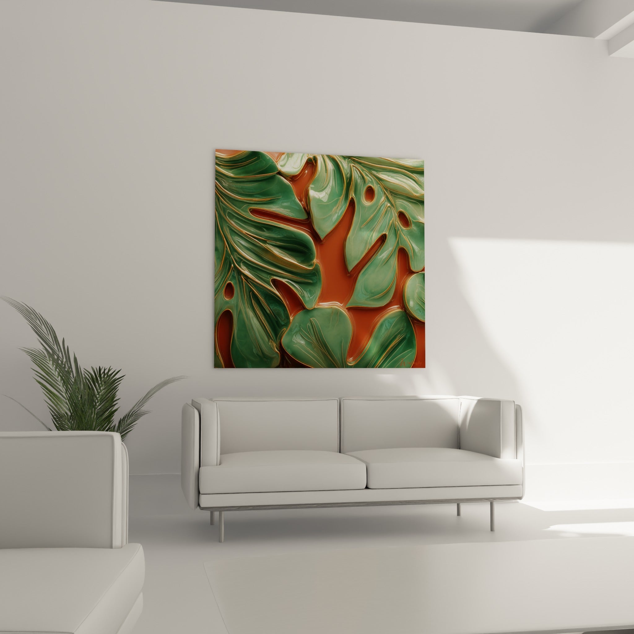 Feuillage vert émeraude et ocre terracotta à l'aspect émaillé, au-dessus d'un canapé dans un salon lumineux