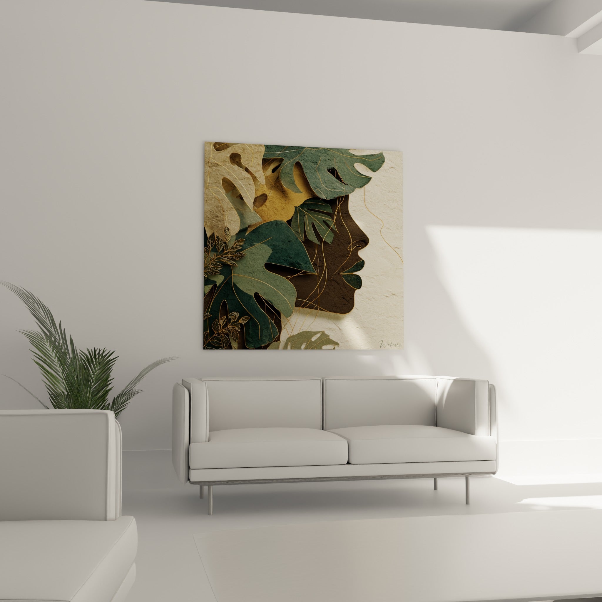 Profil brun et feuilles vert olive aux nervures dorées, suspendu au-dessus d'un canapé dans un salon lumineux