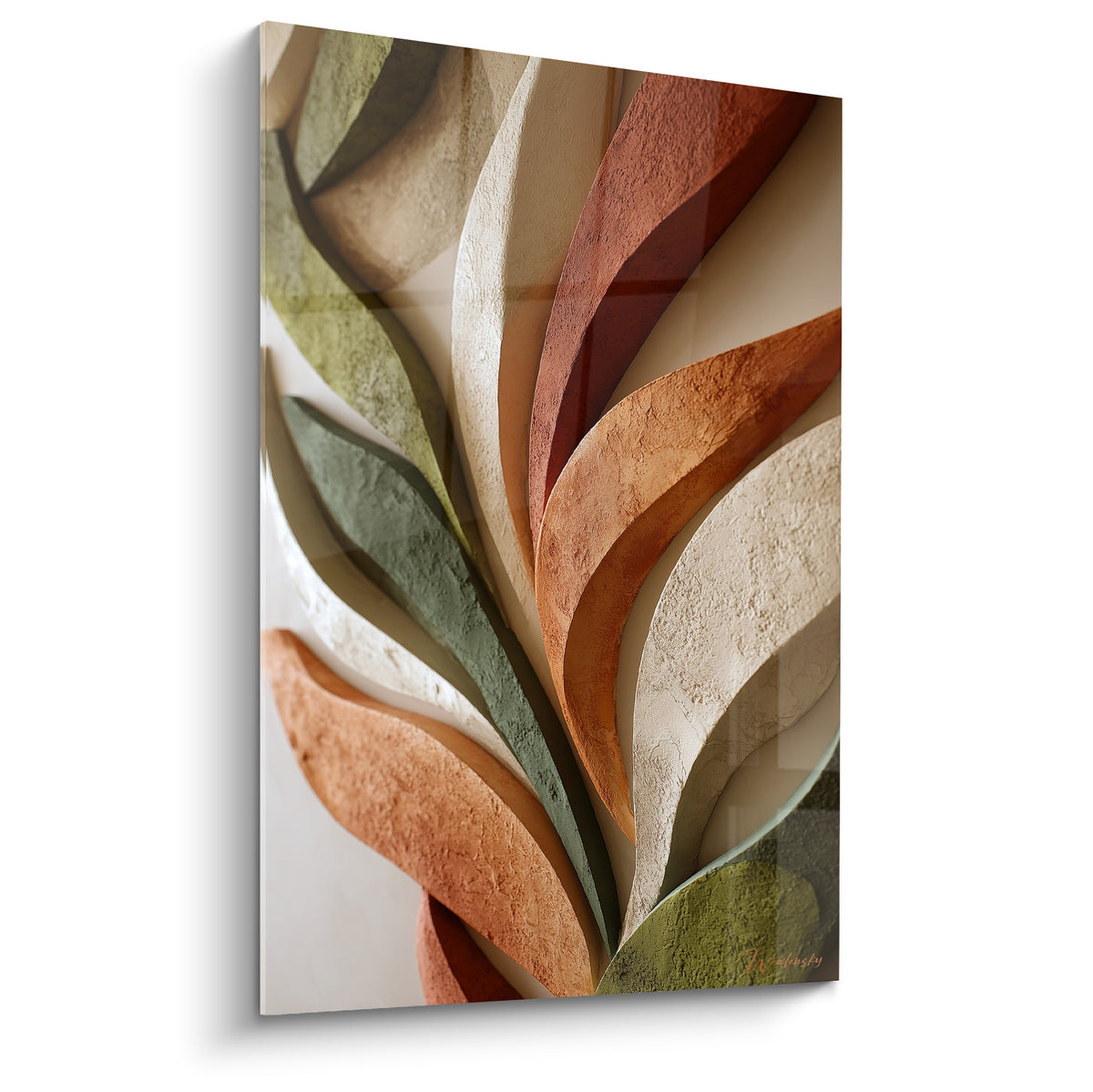 Feuillage sculpté terracotta et vert sauge aux courbes texturées façon enduit brut