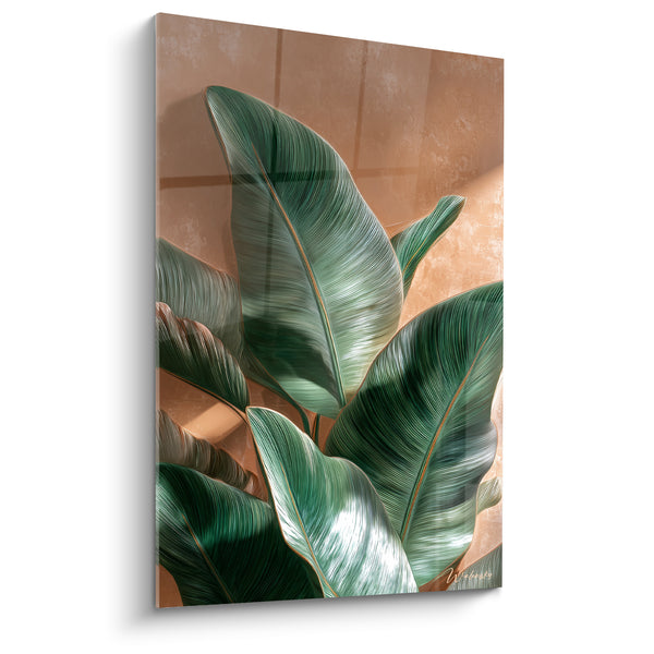 Tableau Ficus vert émeraude et terracotta aux larges feuilles - Reflets lumineux nervurés - Edition Terracotta