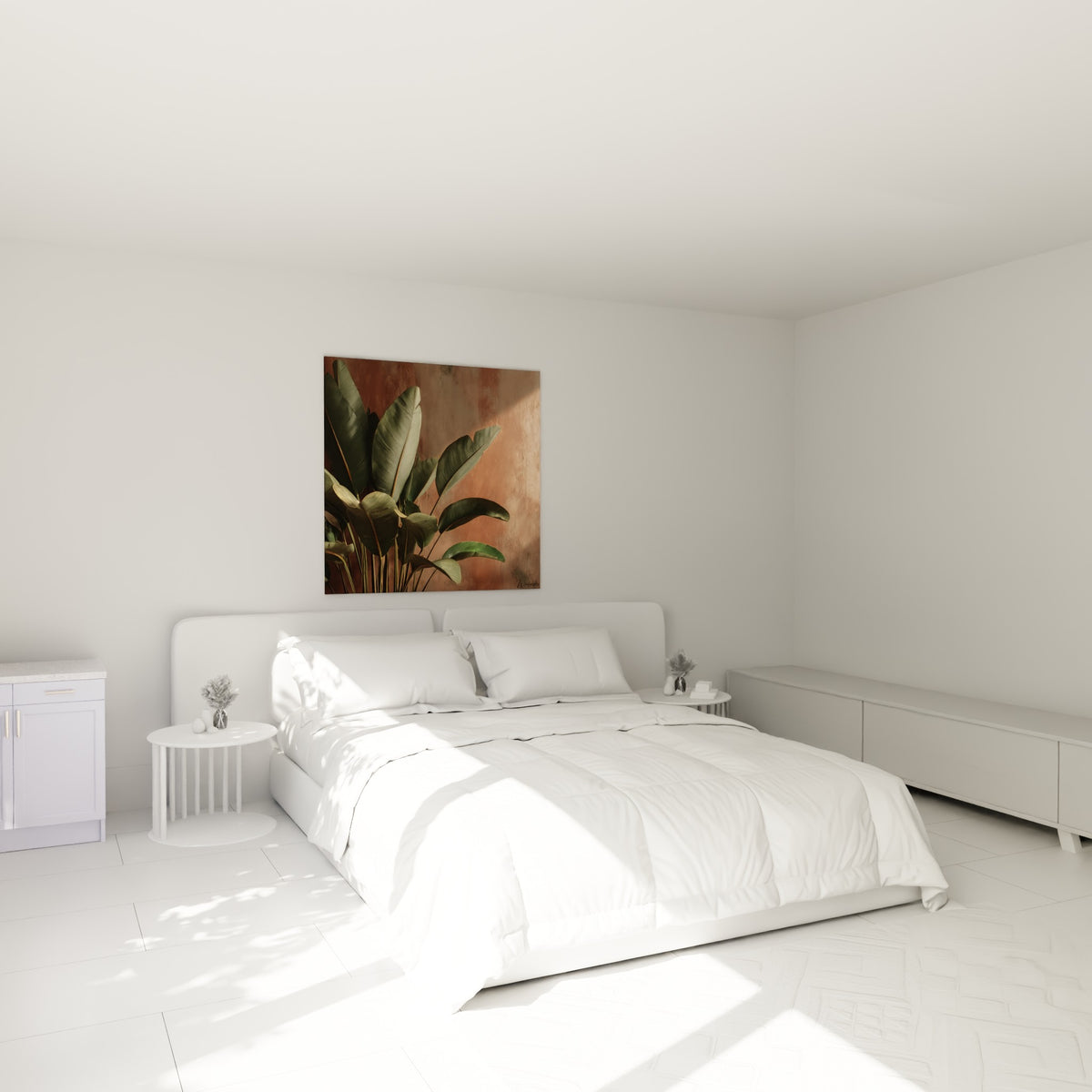 Feuillage vert olive et mur terracotta patiné, tableau placé au-dessus d'un lit dans une chambre claire