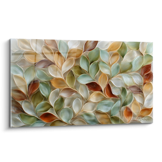 Feuilles sculptées vert sauge et terracotta déployées en éventail sur fond ivoire lumineux