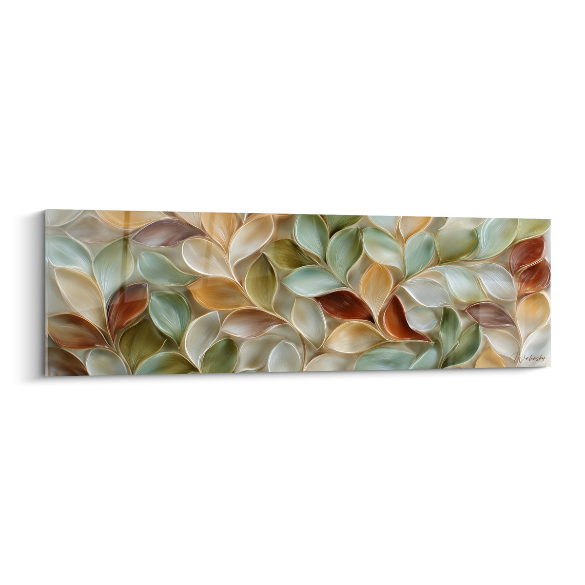 Feuillage sculpté vert sauge et terracotta aux reflets nacrés sur toile panoramique