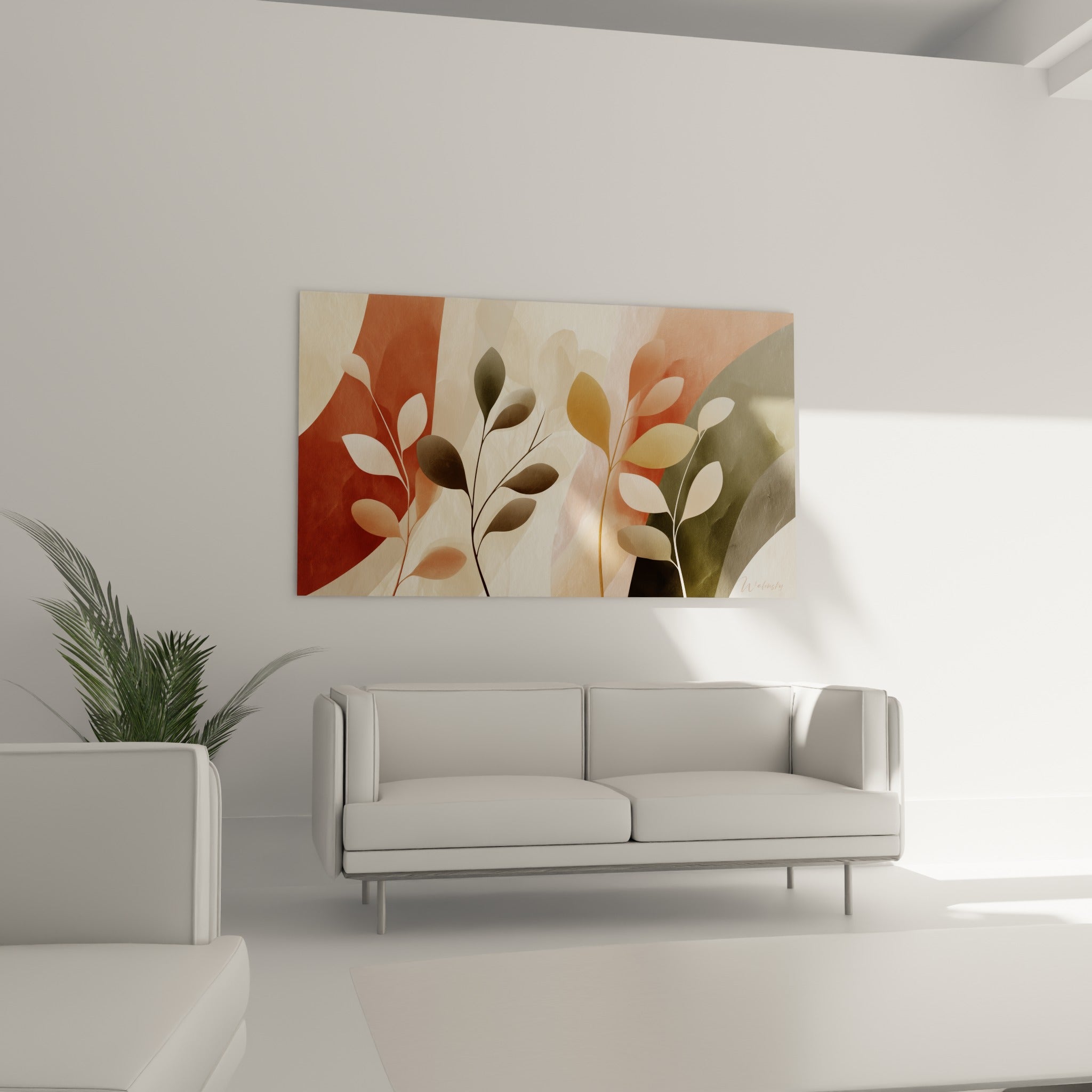 Tiges végétales terracotta et beige rosé positionnées au-dessus d'un canapé dans un salon lumineux