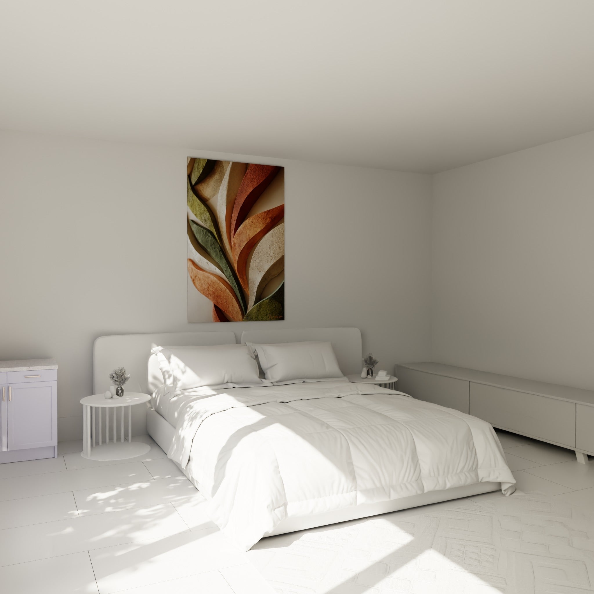 Composition végétale terracotta et olive accrochée au-dessus d'un lit dans une chambre claire