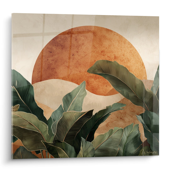 Feuilles de bananier vert sauge devant un soleil terracotta stylisé, style graphique botanique