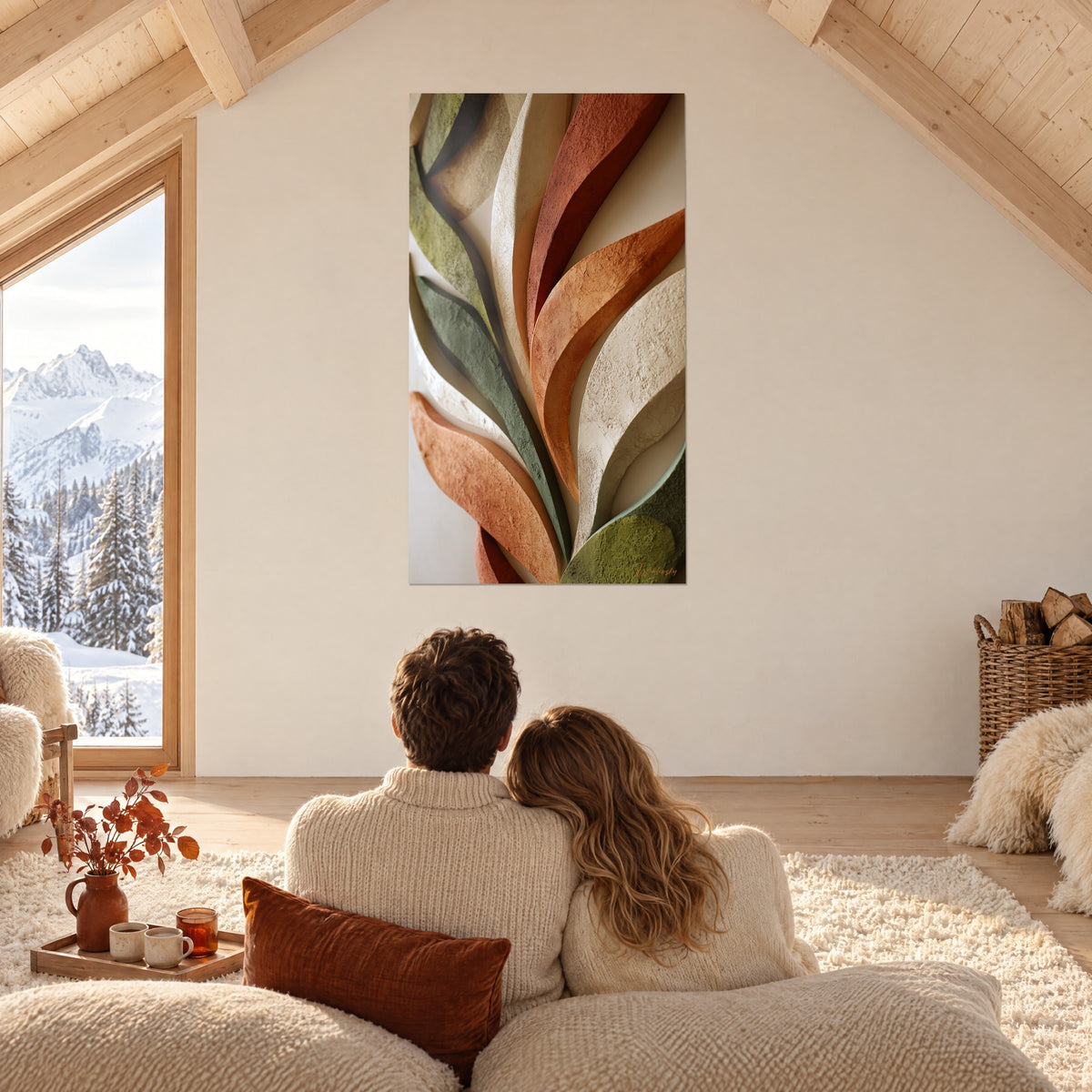 Tableau éventail de pétales sculptés rouille et vert mousse, couple enlacé de dos, séjour sous charpente de chalet