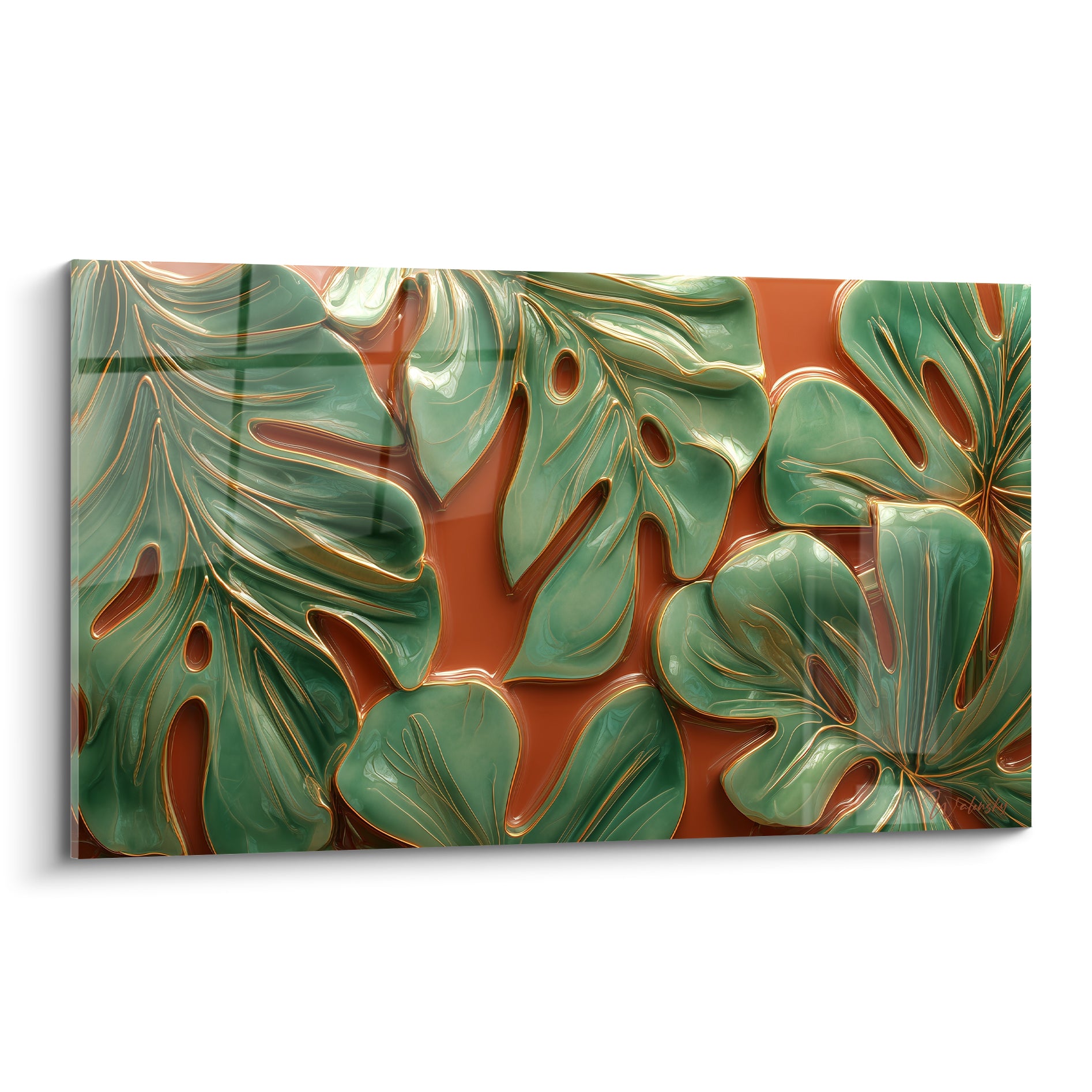 Feuilles de monstera vert émeraude et terracotta aux nervures dorées, composition murale émaillée