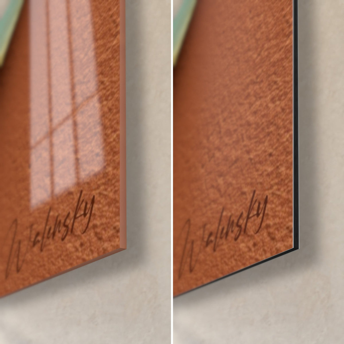 Gemälde mit Bananenblatt in Salbeigrün und Ziegelrot, untere rechte Ecke: glänzendes Acrylglas mit Reflexen, matter Dibond-Alu, 3 mm Kante