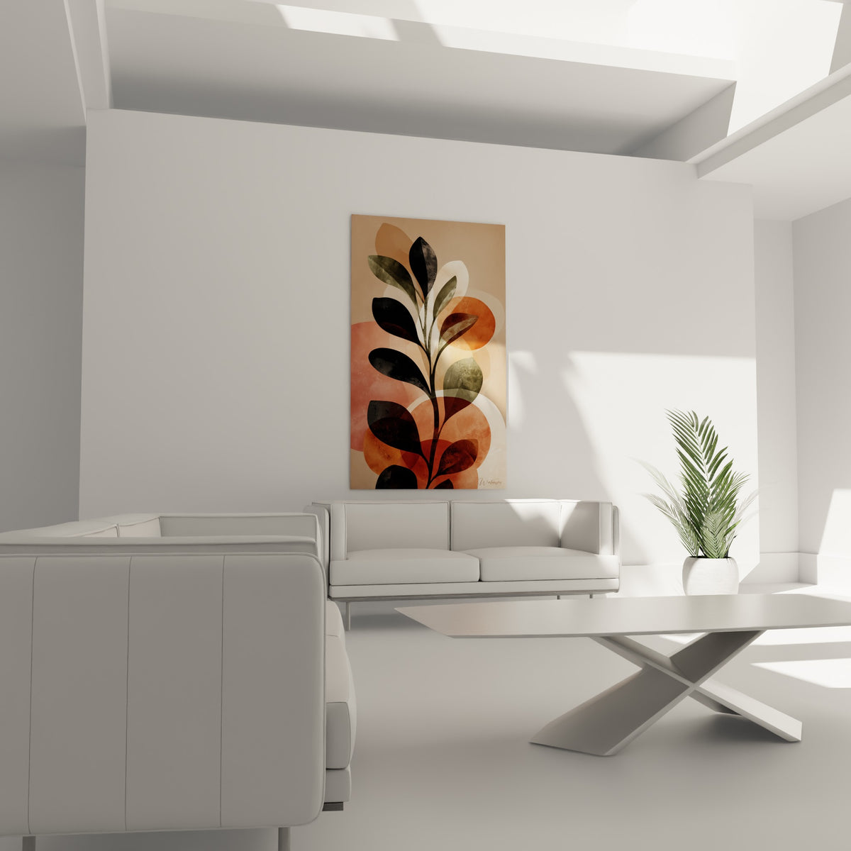 Plante graphique aux tons terracotta et olive suspendue au-dessus d'un canapé dans un salon lumineux