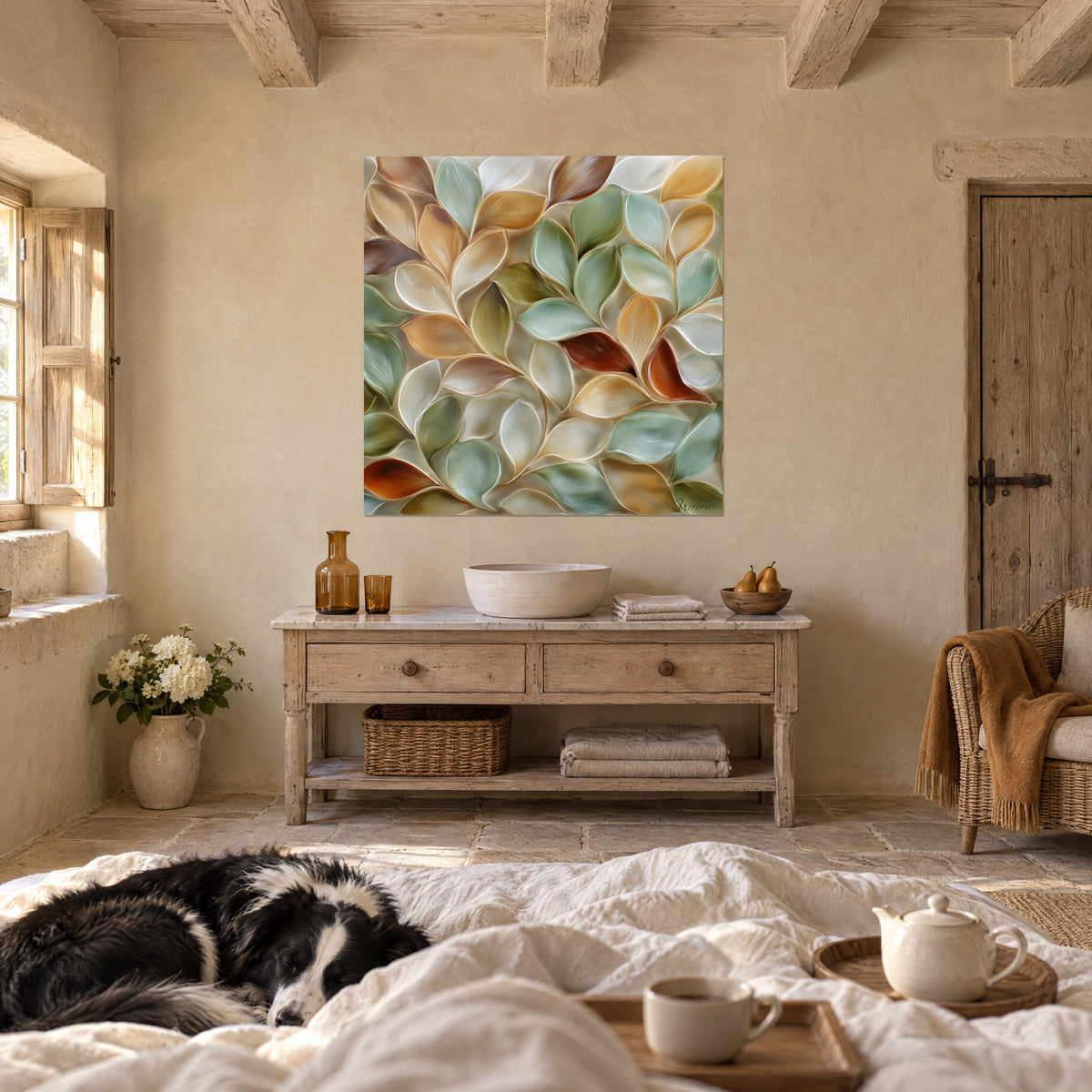 Tableau mosaïque de feuilles sauge et terracotta, une personne de dos et un collie, au-dessus d'un lit dans une chambre claire