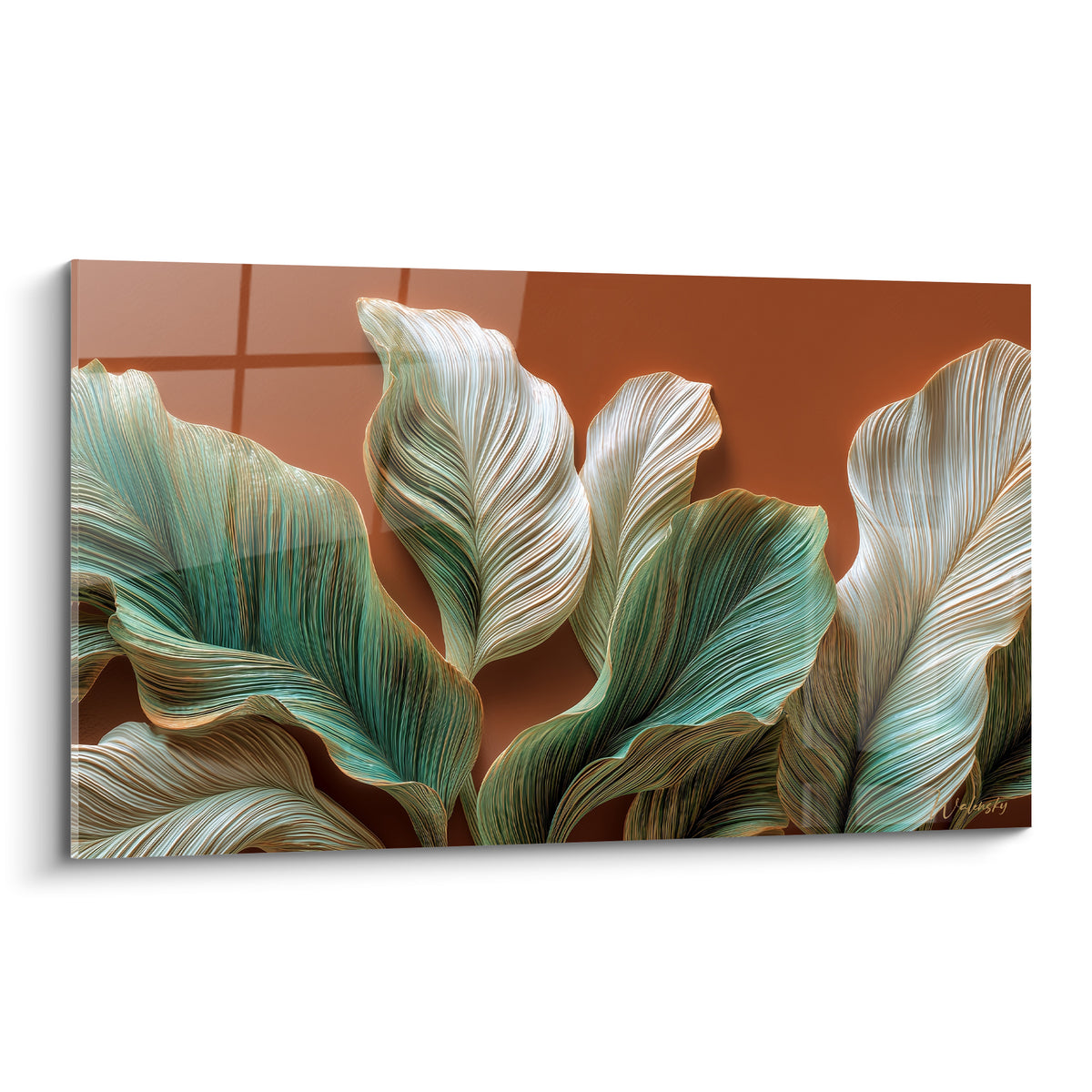 Feuilles tropicales aux nervures vert sauge et blanc nacré sur fond terracotta brique