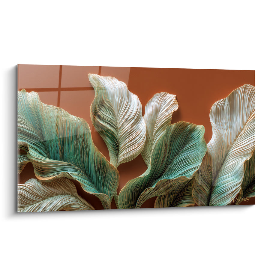 Tableau Feuilles nervurées vert et blanc crème ondulées - Nervures satinées - Edition Terracotta