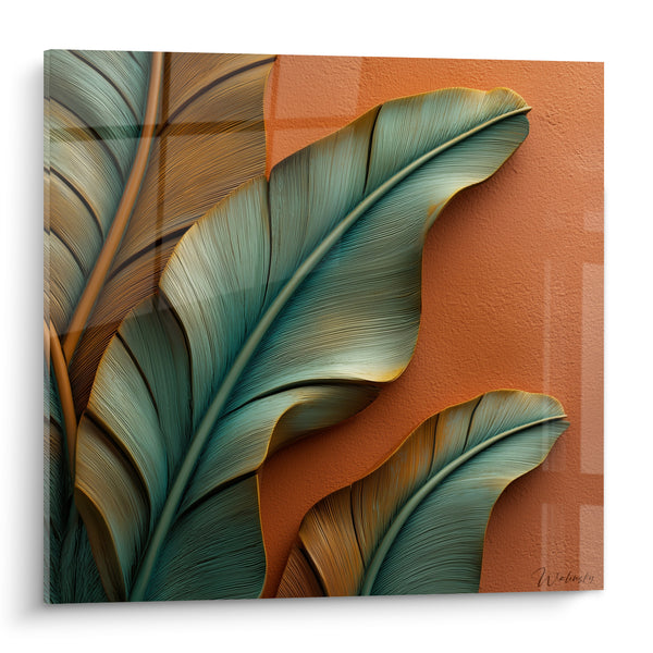 Tableau Feuilles de bananier vert et brique nervurées - Textures végétales sculptées - Edition Terracotta