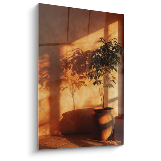 Tableau Ficus en pot ocre et ombre projetée - Lumière du soir - Edition Terracotta