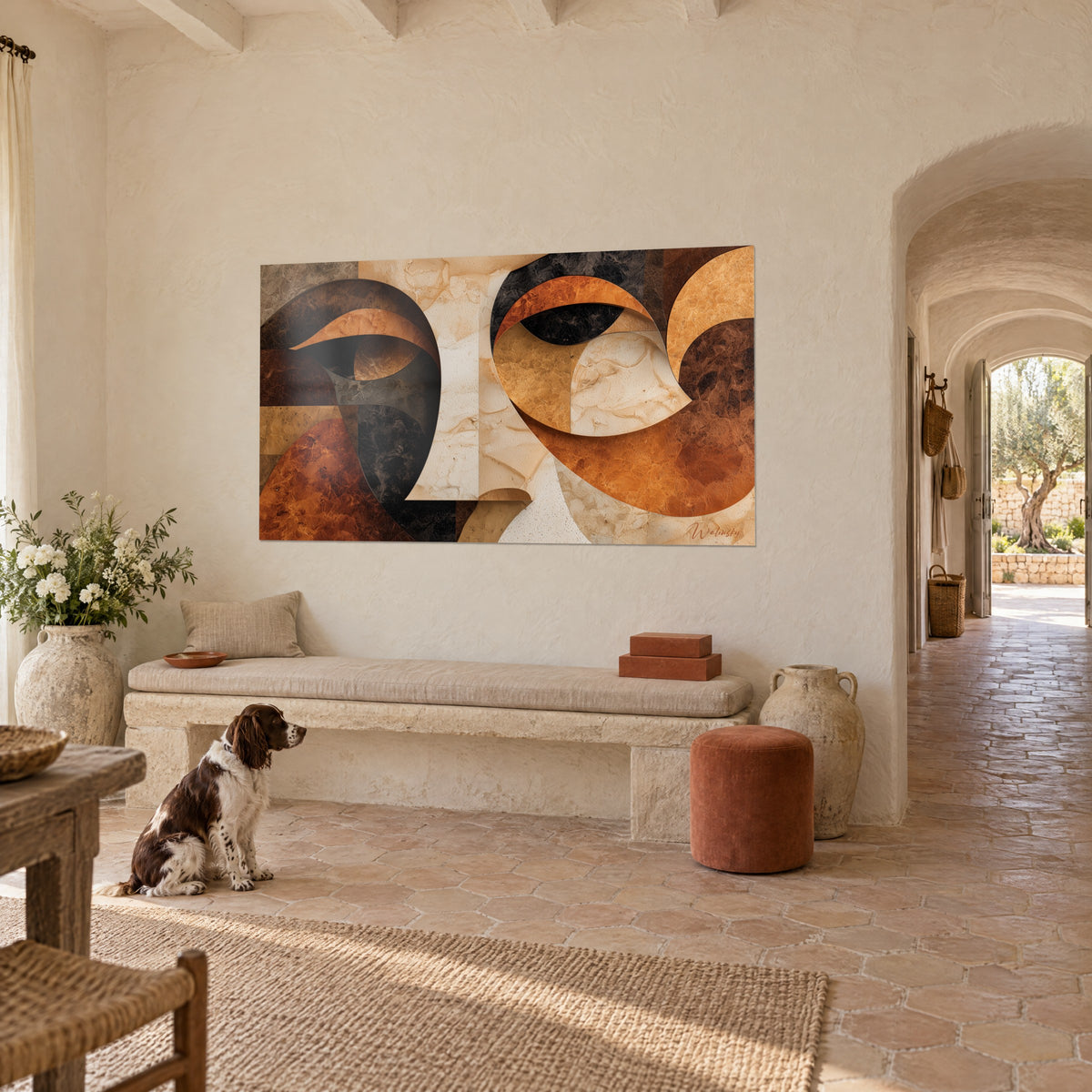 Wall art cubist portrait in terracotta planes and veined black, a spaniel sitting on the floor, three-quarter view of a Provençal farmhouse