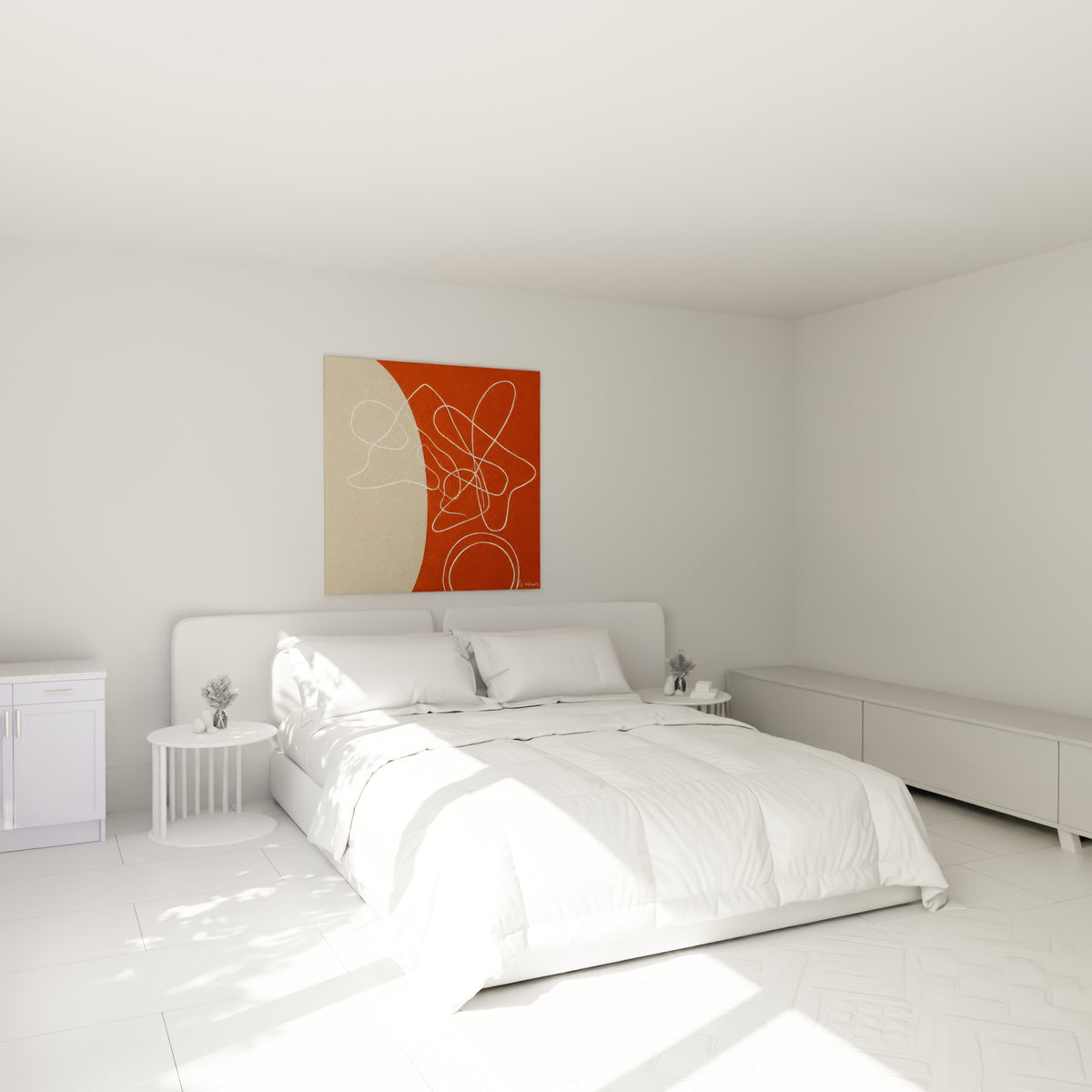 Fil blanc noué sur fond terracotta et beige sablé, accroché au-dessus d'un lit dans une chambre claire
