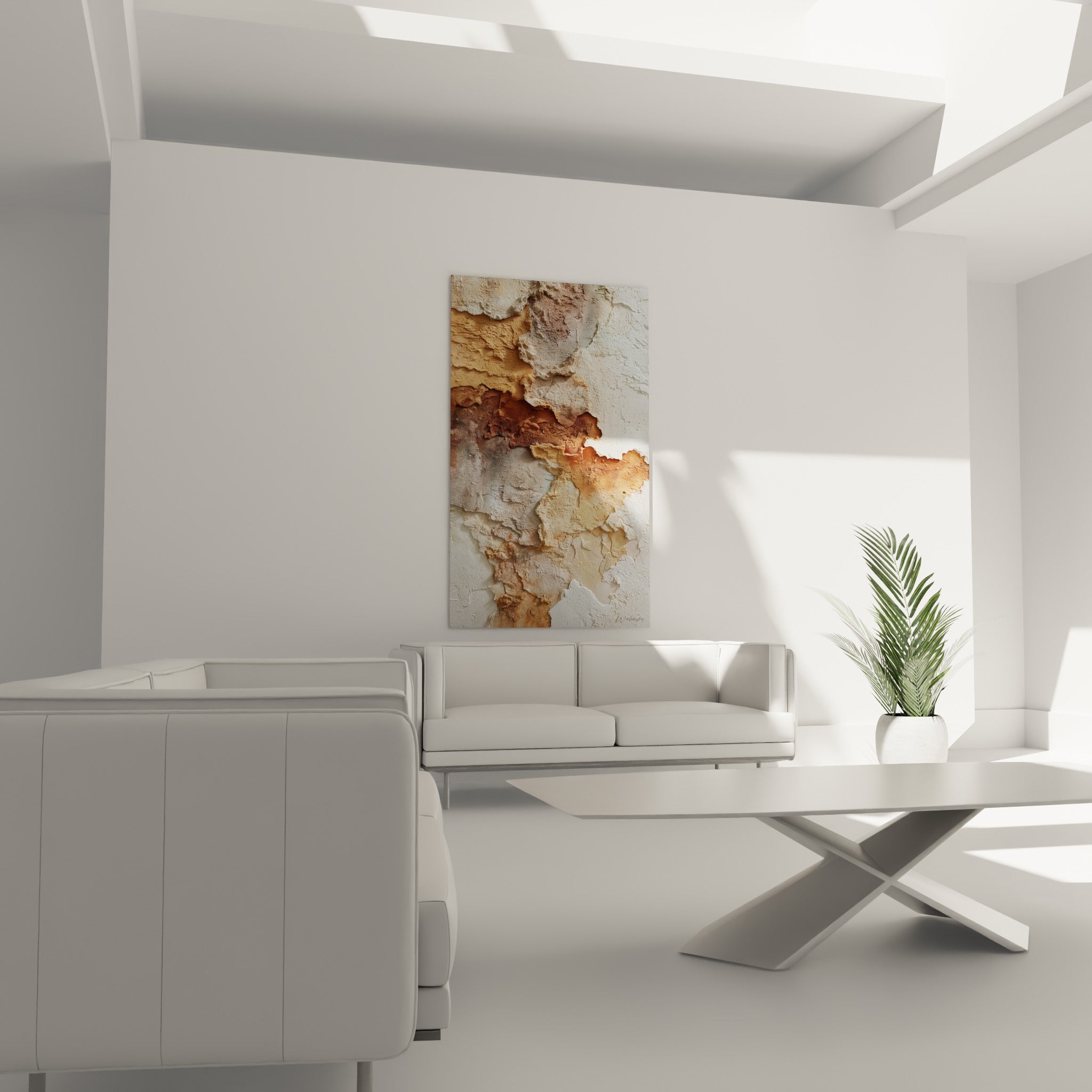 Surface écaillée beige et rouille aux reliefs marqués, suspendue au-dessus d'un canapé dans un salon lumineux