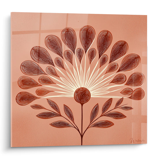 Fleur graphique terracotta et crème aux pétales rayonnants sur fond rose poudré, style gravure