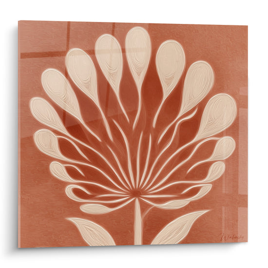Fleur éventail crème aux pétales veinés sur fond terracotta et rouille texturé