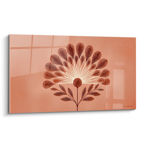 Fleur graphique terracotta aux pétales bruns rayonnant depuis un cœur lumineux sur fond corail