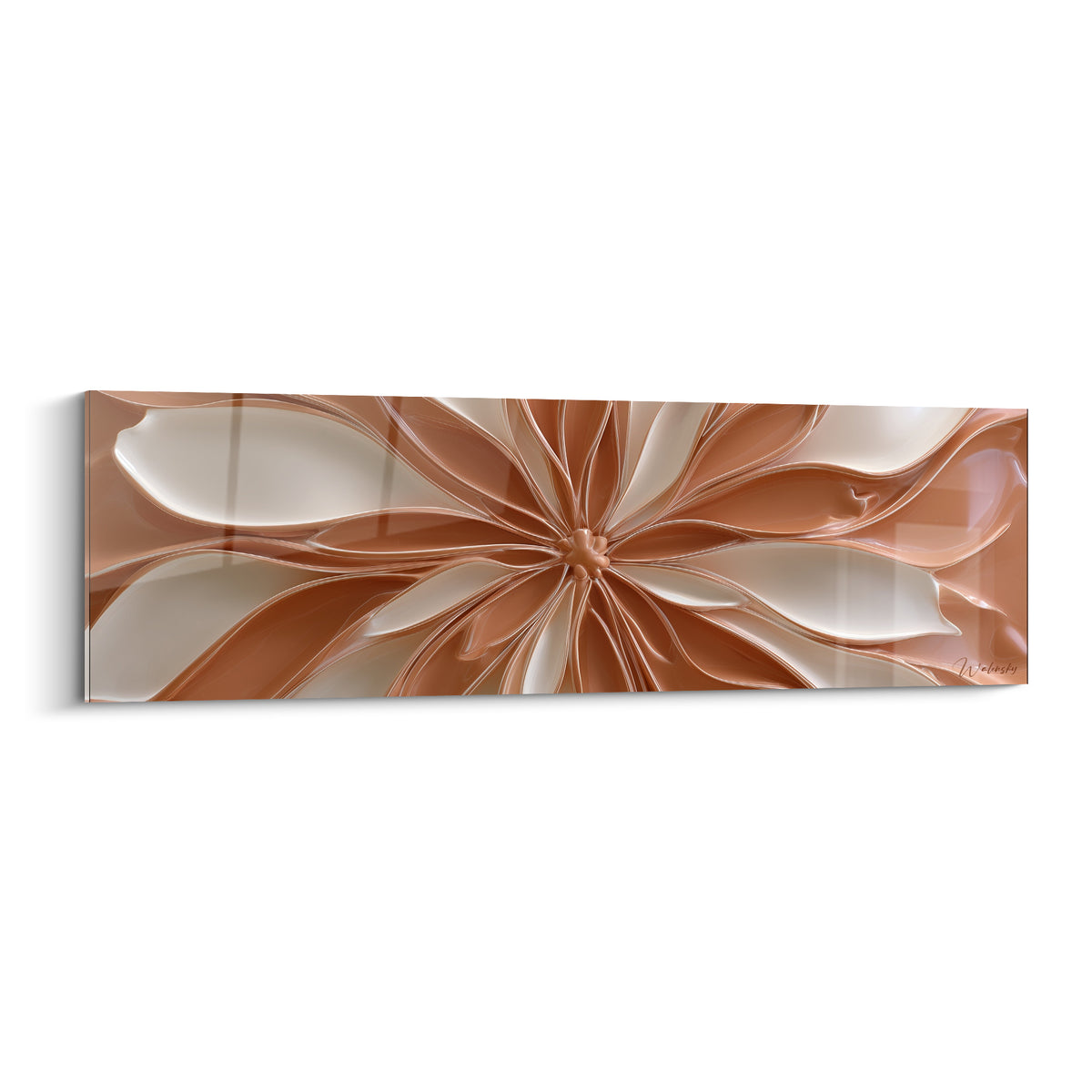 Fleur sculptée terracotta et ivoire aux pétales incurvés déployés en éventail lumineux