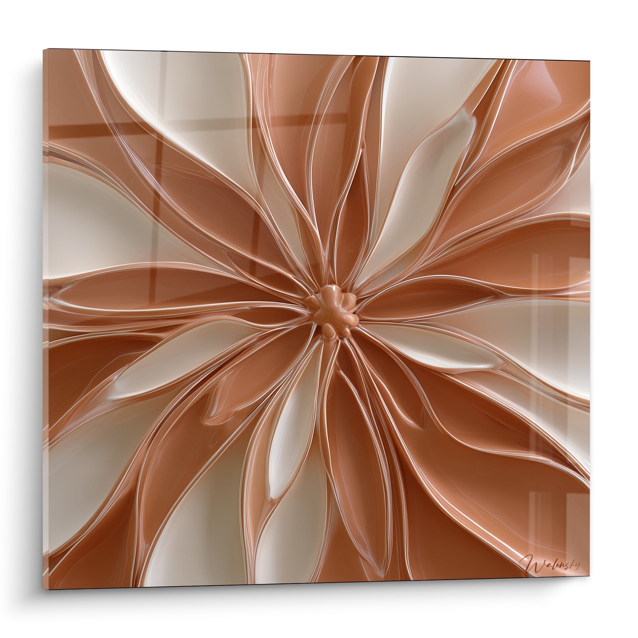 Fleur sculptée terracotta et ivoire aux pétales galbés rayonnant depuis un cœur doré