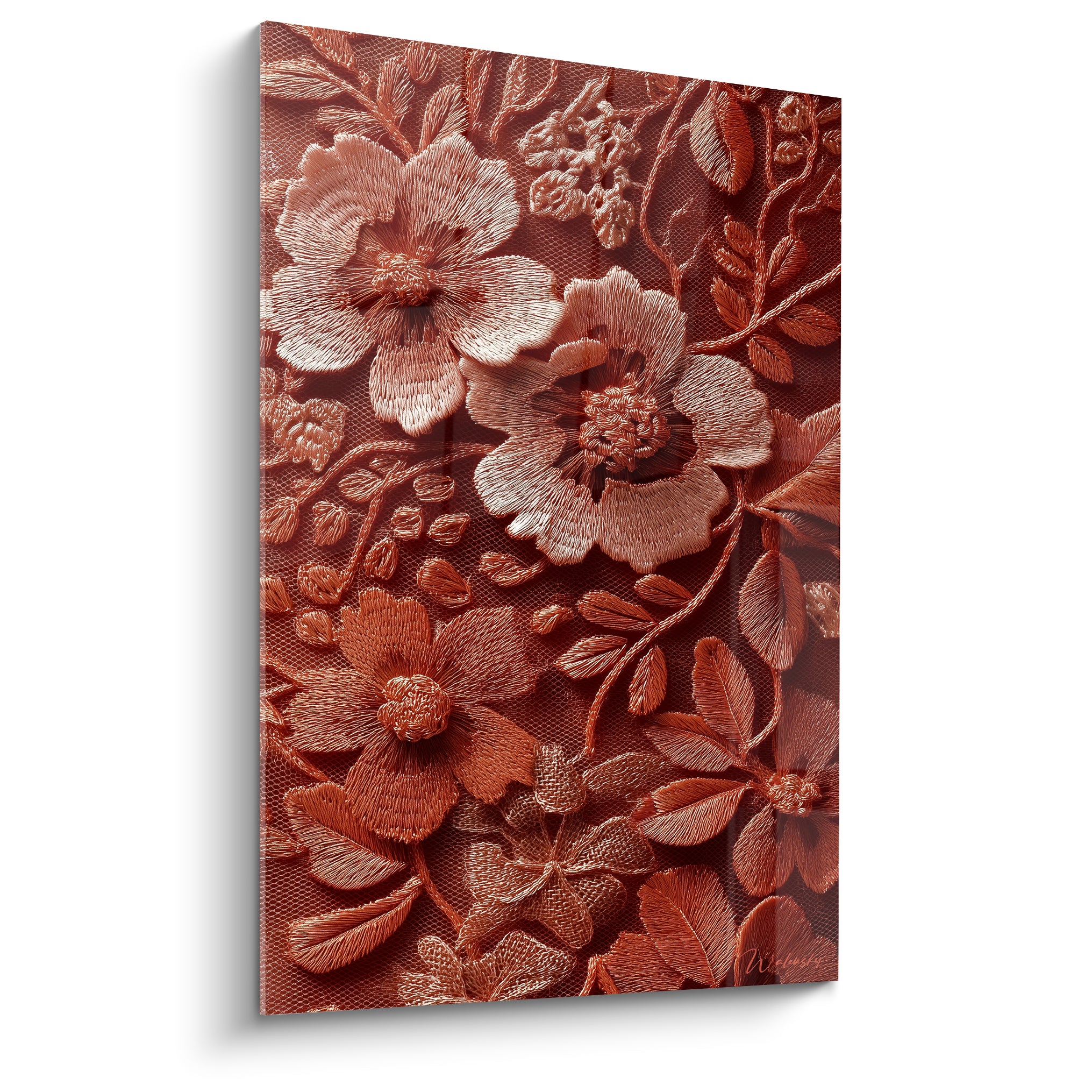 Fleurs brodées terracotta et rose poudré aux motifs floraux détaillés, texture riche et dense