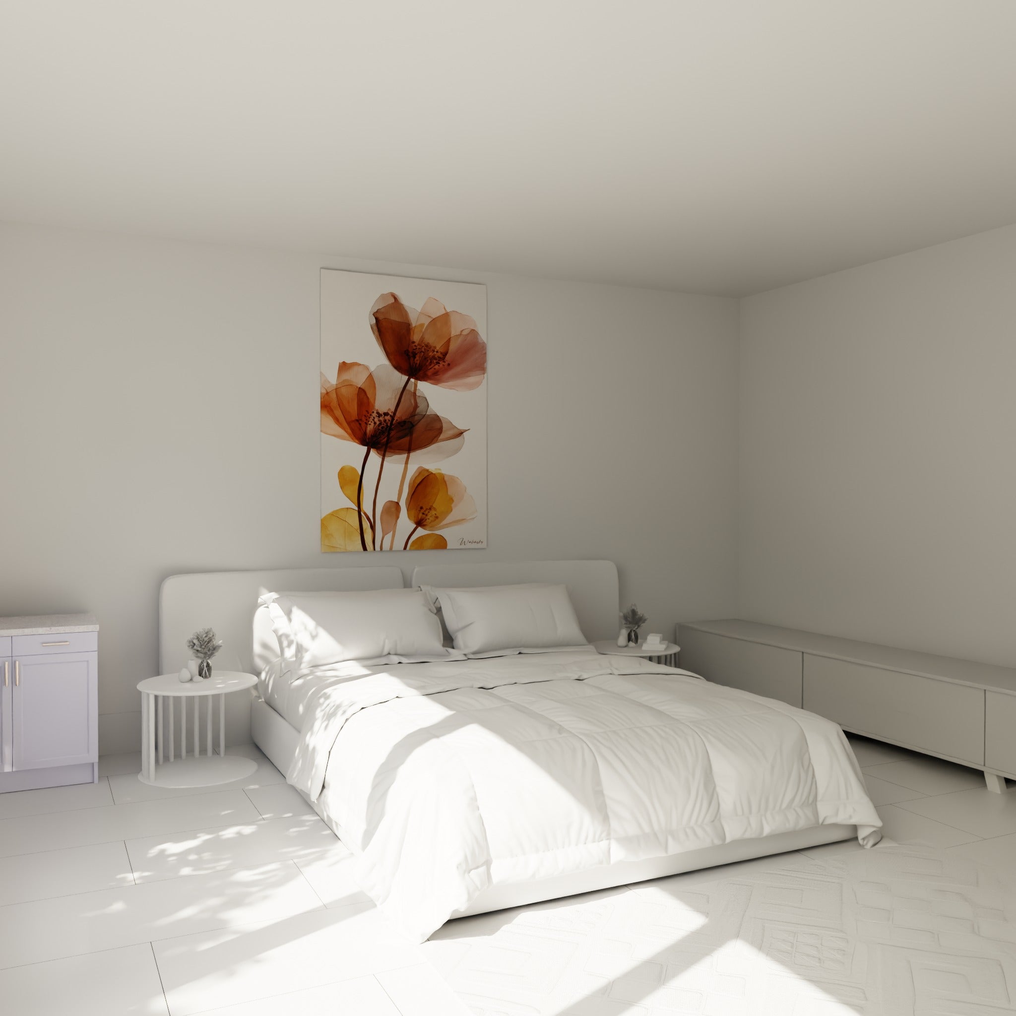 Pétales ocre et brun d'une composition florale aquarelle au-dessus d'un lit dans une chambre claire