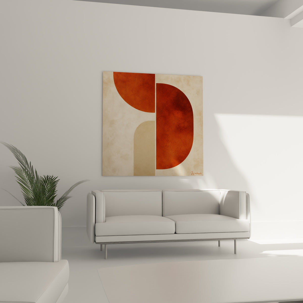 Demi-cercles ocre et beige structurant le mur au-dessus d'un canapé dans un salon lumineux