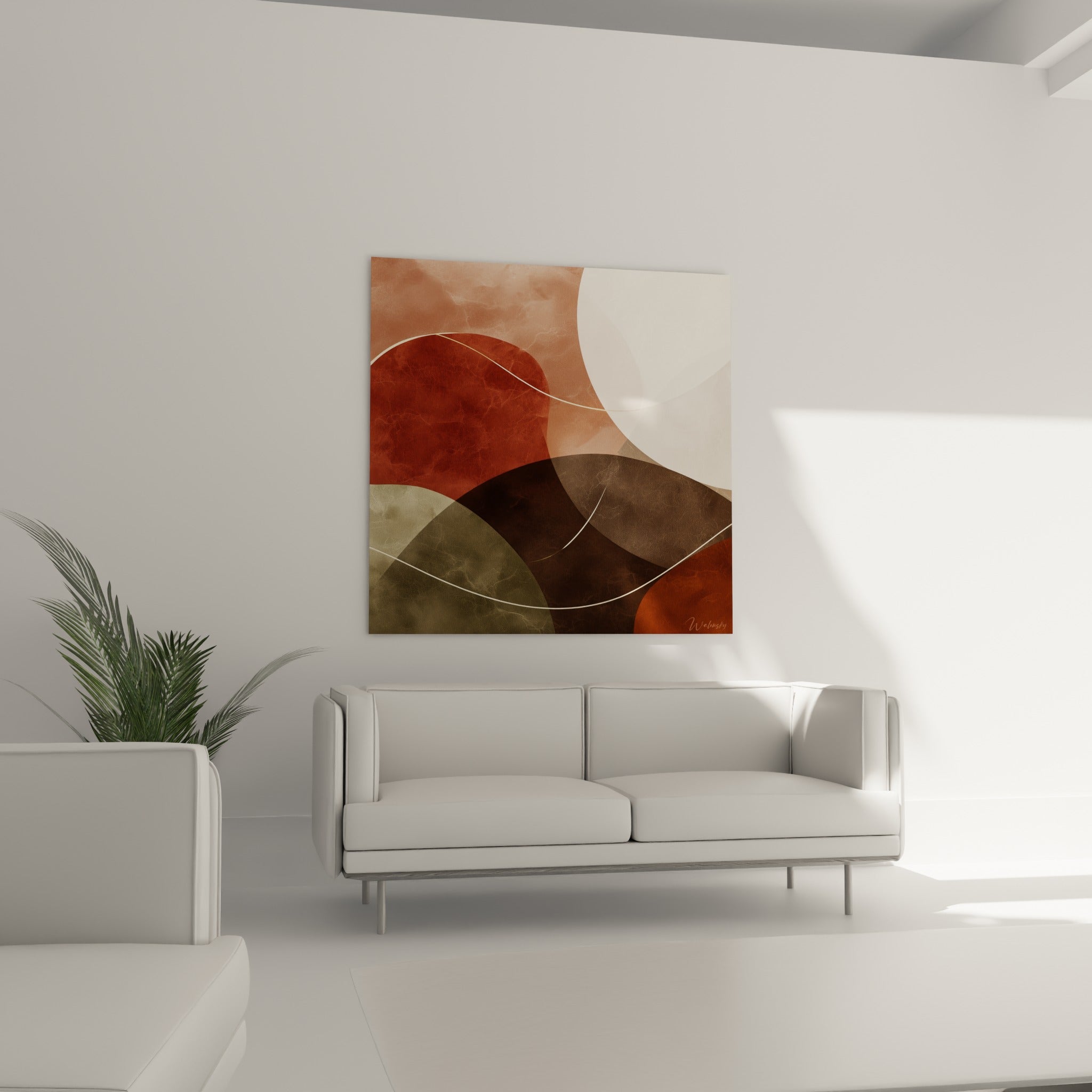 Courbes ocre et anthracite superposées, disposées au-dessus d'un canapé dans un salon lumineux