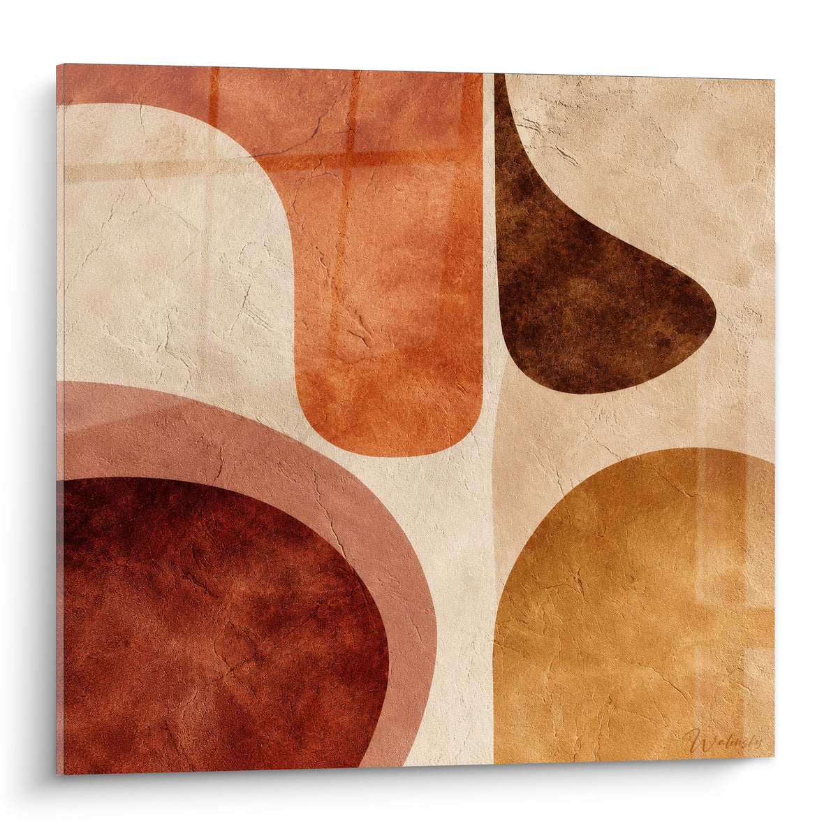 Formes arrondies orange brûlé et brun foncé sur fond beige texturé façon terre cuite