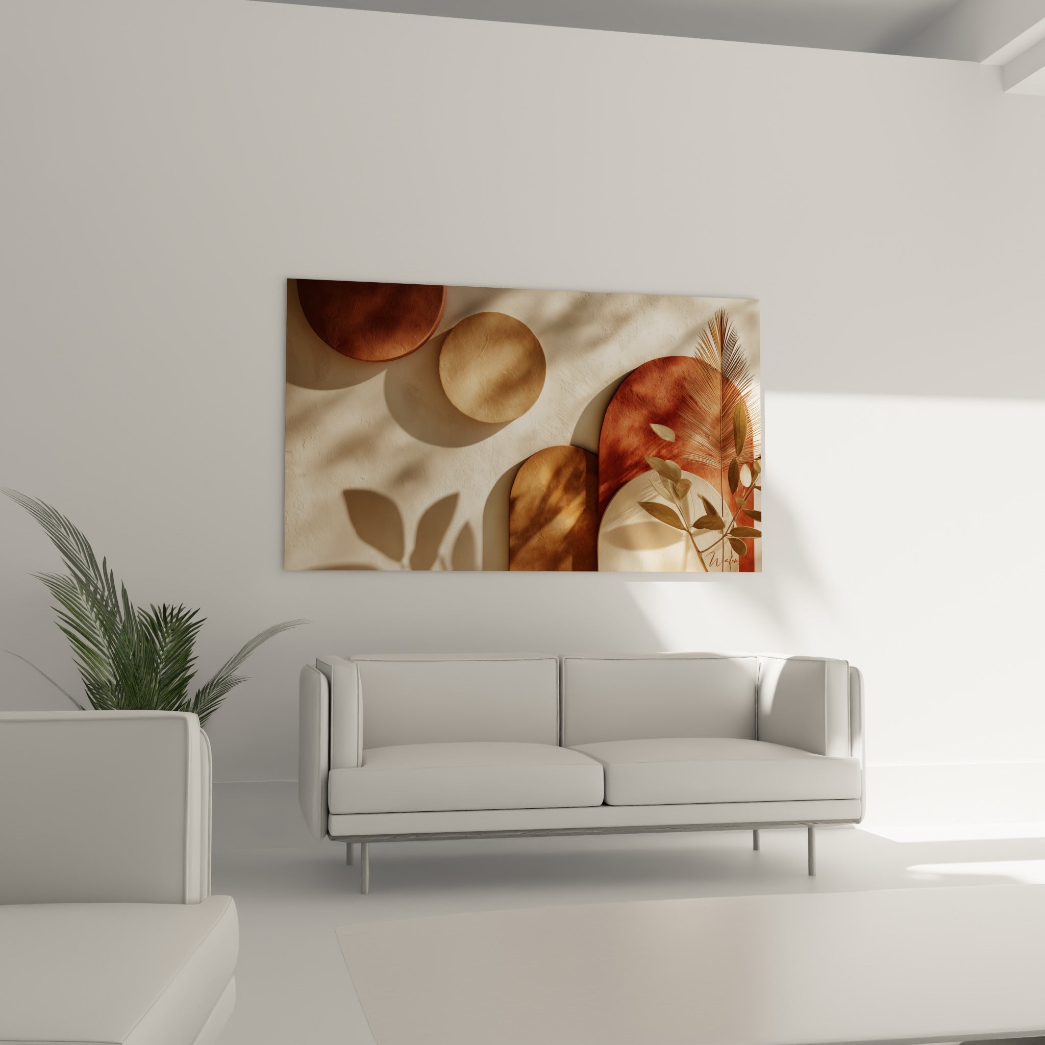 Silhouettes beige et terracotta rythmées d'ombres de branches, au-dessus d'un canapé dans un salon lumineux