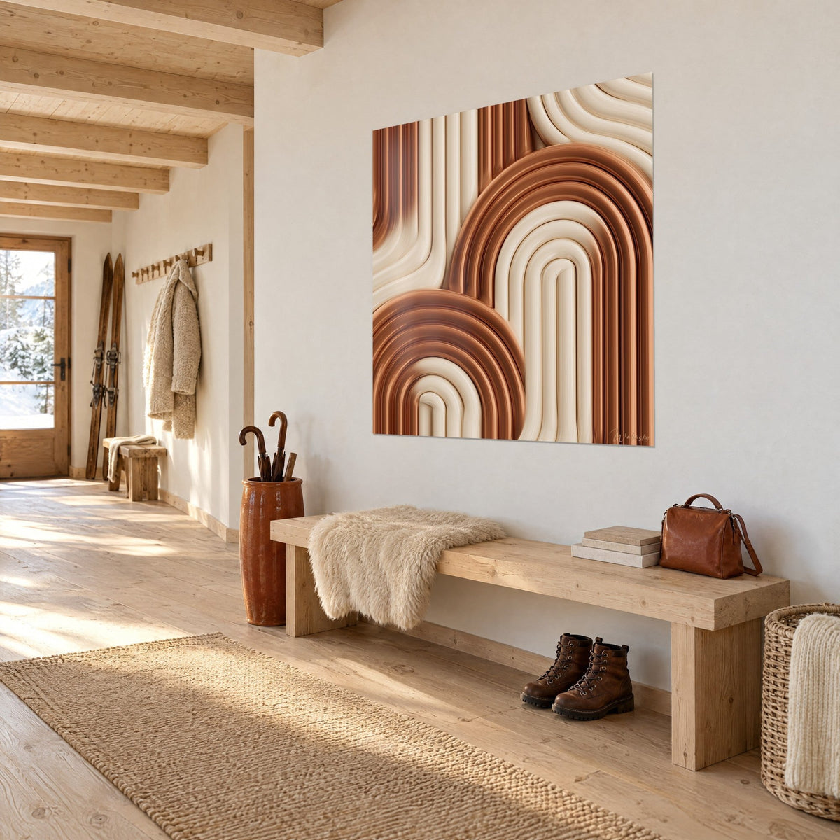 Cuadro de semicírculos anidados en terracota e marfil, bandas onduladas, colgado sobre un banco de madera en la entrada de un chalet