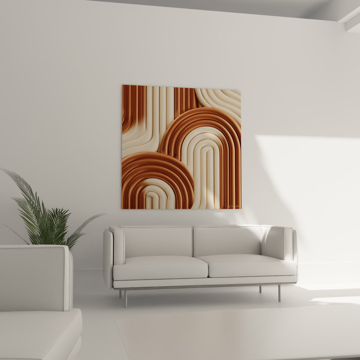Formes arrondies terracotta et crème d'un tableau abstrait, placé au-dessus d'un canapé dans un salon lumineux