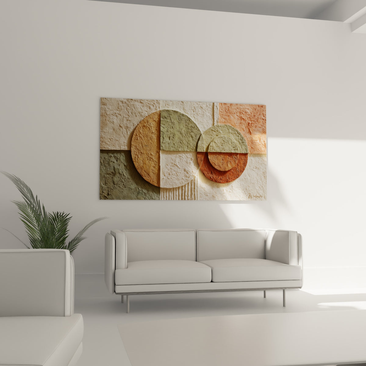 Formes circulaires terracotta et beige crème en relief sculptural, accrochées au-dessus d'un canapé dans un salon lumineux