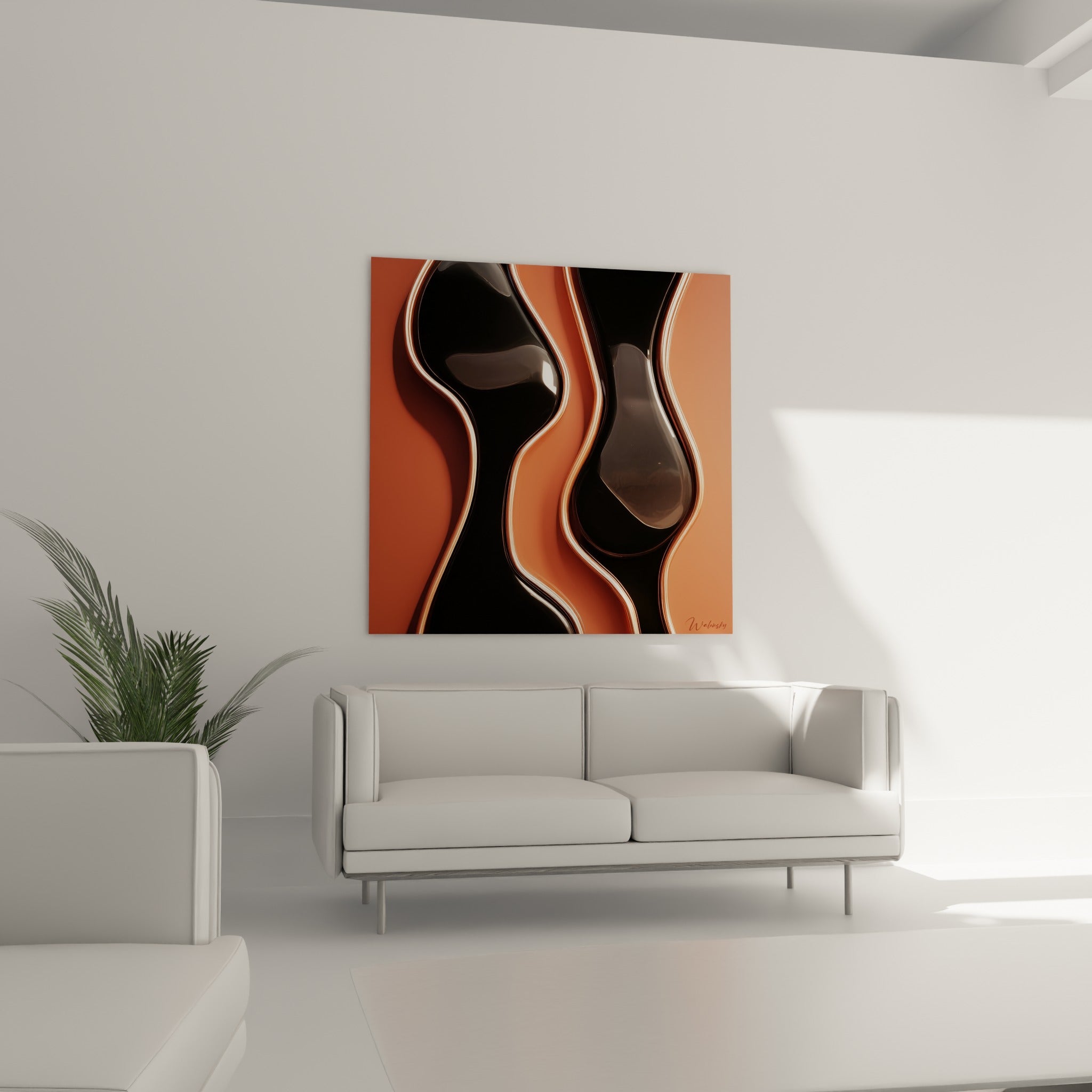 Formes ondulantes noires et cuivrées disposées au-dessus d'un canapé dans un salon lumineux
