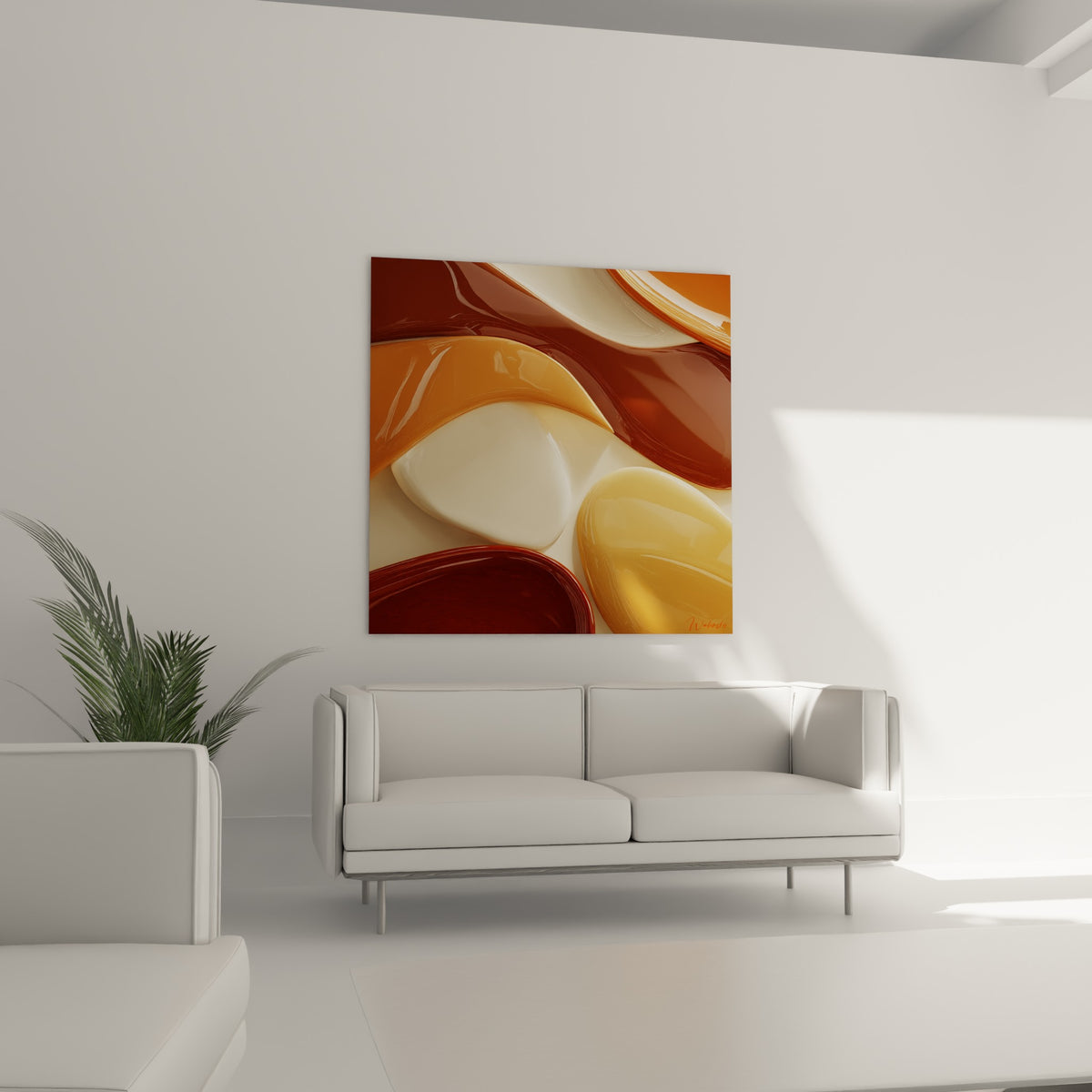 Courbes ivoire et brun terracotta aux reflets satinés, suspendues au-dessus d'un canapé dans un salon lumineux