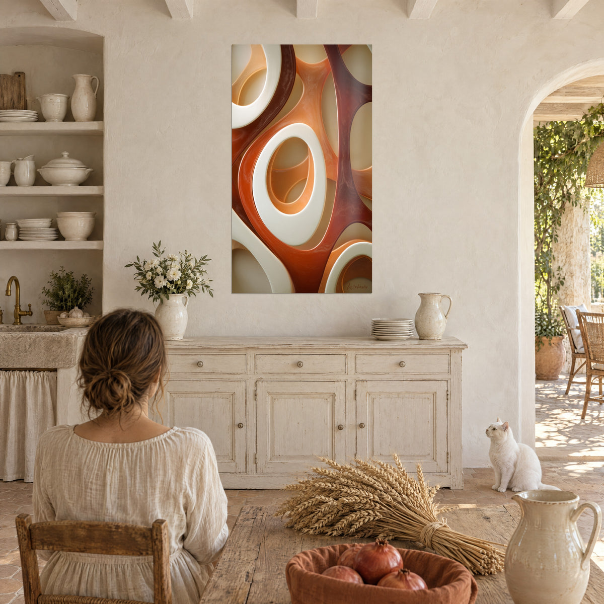 Schilderij gladde krullen in gebrand oranje en gebroken wit, jonge vrouw van achteren en witte kat in een Provençaals landhuis met terracottategels