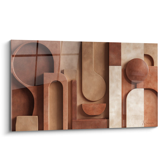 Formes géométriques terracotta et beige sculptées, arches et cercle en relief texturé